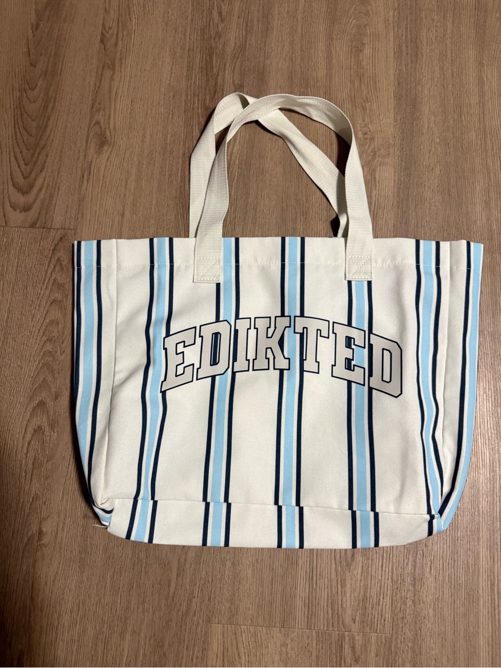 EDIKTED White & Light Blue Striped Canvas Tote